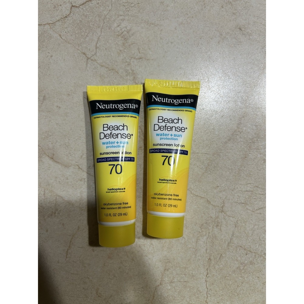 2 New Neutrogena Beach Defense Water + Sun Sunscreen Lotion SPF 70, 1 Fl Oz Each